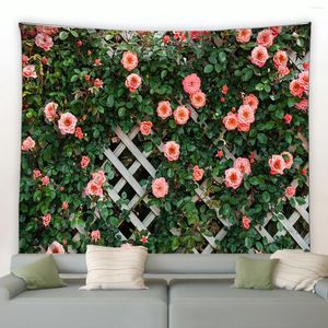 Tapestries Spring Butterfly Flowers Tapestry Retro Wooden Fence Nature Pink Rose Plants Floral Wall Hanging Garden Home Decor Scenery Cloth