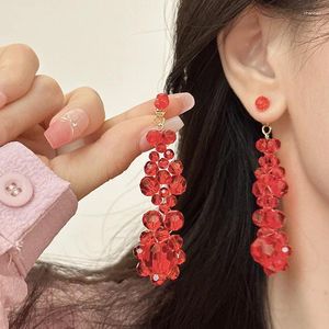 Kolczyki Dangle Damskie czerwone kryształowe kolczyki z koralikami Znakomity urok koreańska biżuteria modowa vintage romantyczna delikatna biżuteria