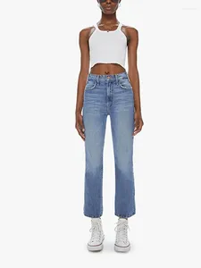 Женские джинсы Джинсовые брюки для женщин 2024 Весна из смеси хлопка с расклешенной вышивкой на молнии с высокой талией Тонкие повседневные укороченные с карманами