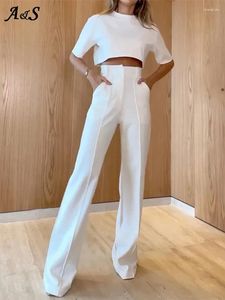 Women's Two Piece Pants Summer White Suit Fashion Round Neck Short Sleeve Crop Tops Straight Trousers Solid Color Two-Piece Set Ladies