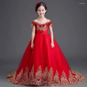 Vestidos da menina arrastando flor para casamentos laço vermelho princesa vestido de festa tutu lantejoulas apliques crianças primeiro comunhão vestido