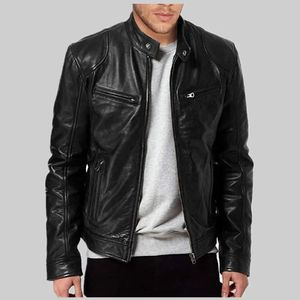 Frühling Herren Mode Leder Jacke Slim Fit Stehkragen PU Männlichen Antiwind Motorrad Revers Diagonal Zipper Jacken 240130