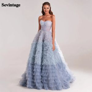 Sevintage blu abiti da ballo a strati volant tulle piega increspato a-line backless arabo saudita donne abiti da sera del partito 240201