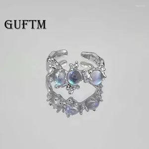 Cluster Ringe GUFTM Kpop Gothic Silber Farbe Mondstein Ring Für Frauen Mädchen Vintage Y2K Kristall Offene Punk Geometrie Party Schmuck