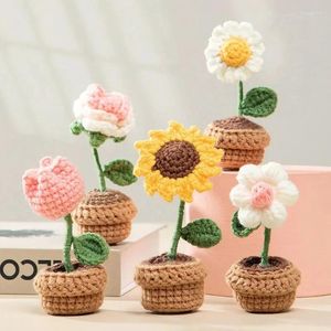 Decorative Flowers Hand-knitted Sunflower Tuilp Flower Crochet Potted Plants Homemade Finished Pot Decor