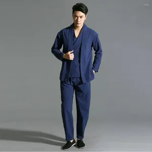 Tute da uomo Set da uomo in lino accogliente e pantaloni da 2 pezzi Beige Nero Blu Zen Twinset rilassato Costume cinese Hanfu orientale