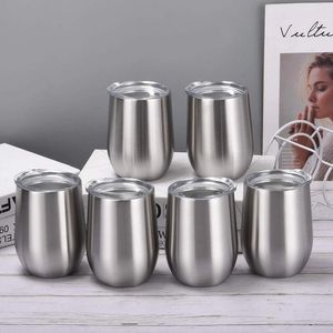 Kupalar 12oz Paslanmaz Çelik Şarap Tumbler Kapak Çift Duvar Vakum Yalıtımlı Gösterilmiş Köklü Bardak Kahve Soğuk İçecekler İçin Kupa