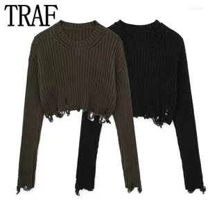 Kadın Sweaters Trafo 2024 Kırpılmış Örme Süvari Kadınlar Yırtık Uzun Kollu Mahsul Örgü Üstü Kadın Sonbahar Kadın Jumper O yakak kazakları