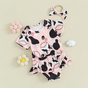 Kleidungssets Baby Mädchen Kleidung Kuhdruck Kurzarm Strick Strampler Body Shorts Stirnband Set Sommer Outfit