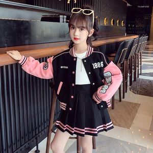 Clothing Sets 2024 Winter Autumn Girls Teenager Patchwork Zipper Striped Coats Jacket Baseball Clothes Sexy Short Skirt 5 6 7 8 9 10 11 Year