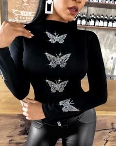 T-shirt da donna 2024 T-shirt casual da donna Femme Moda modello a farfalla con borchie a maniche lunghe Camicia XS-5XL