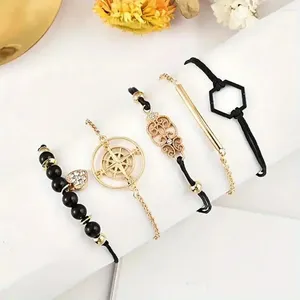 Link Bracelets 우아한 시계 팔찌 콤보 여성 라인 스톤 세트 잎 하트 패턴 중공 구슬 6pcs 라운드 다이얼 쿼츠