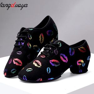 GAI GAI GAI High Heel Sneakers Ballroom Latin Dance Woman Black Close Toe Dancing Shoes for Women Lip Print 240125