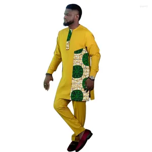 Etnik Giyim Afrikalı Baskı Erkekler Uzun Gömlek Pantolonları Özelleştirme Pantolon Setleri Nijerya Moda Erkek Sarı Takımlar Artı Boyut Parti Giysileri