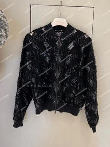 Designer Womens Jackets Brunello Spring and Summer Black Sequined Zipper Stand-up Collar Linen Silk Coats
