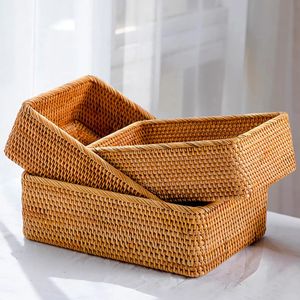3 Sizes Rectangular Rattan Storage Baskets Handmade Woven Nesting Wicker Baskets for Decor Fruit Tray and Snack Storage Box 240125