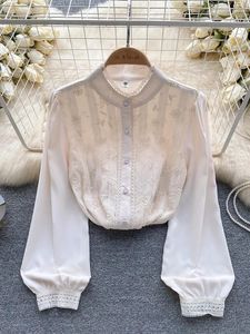 Blusas femininas Mulheres Outono Camisa Moda Temperamento Retro Court Estilo Manga Comprida Com Malha Jacquard Design Único Elegante Top D5387