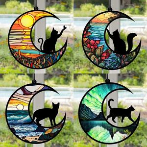 Decorative Figurines Retro Stained Colorful Acrylic Hanging Decoration Cat On Moon Landscape Tropical Plant Sunrise Ocean Home Decor