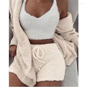 Kadın pijama peluş ev kıyafetleri eğlence seksi kabarık kıyafetler kadife üç parça set üstleri şort ceket gündelik spor sweatshirt 3xl