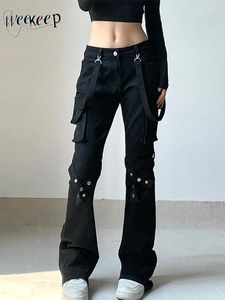 Damenjeans Weekeep Low Rise Ribbon Patchwork Skinny Straight Cargo Frauen Gothic Denim Hosen Y2k Streetwear Punk Style für Mädchen