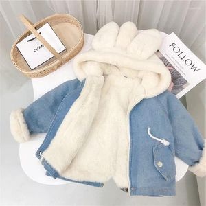 Casaco para baixo jaqueta para meninas menino crianças denim jaquetas de pele quente cowboy bebê coelho orelha com capuz veludo outerwear crianças roupas de inverno