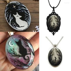 Chains Dark Neo-Gothic Crow Pendant Necklace Fashion Creativity Night Sky Cat Fox Oval Glass Metal Chain Jewelry Gift For Women And Men