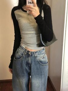 Crop Clothes Slim 2023 Plain Female Tops Fitted Kpop Coquett Polyester Tshirts 90s Vintage Womens T Shirts Long Sleeve Old Tees 240202