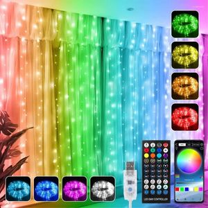 Decoração de festa RGB LED Cortina Luzes String de fadas com controle de aplicativo inteligente Garland para casamento de Natal ao ar livre