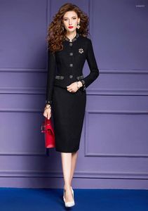 Work Dresses Luxury Beading Black Tweed Jacket Skirt Set 2 Piece For Women Elegant Formal Party Dress Sets Plus Size Office Lady Outfit