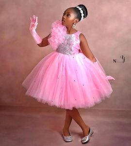 Vestidos da menina rosa vestido de baile pageant contas apliques crianças vestidos de aniversário arcos babados na altura do joelho crianças casamento convidado