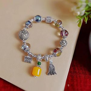 Strand retro étnico transparente cristal borla pulseira tibetano prata pingente corda contas feminino menina jóias presentes