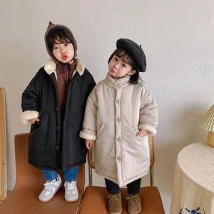 Jaqueta longa acolchoada de algodão infantil, casaco de inverno 9540g com veludo para meninos e meninas, roupas quentes de pele para crianças