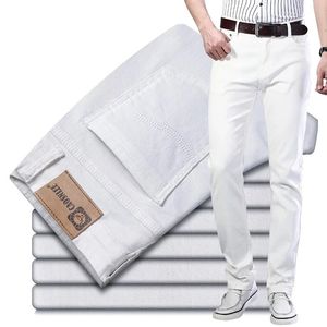 Primavera outono dos homens branco estiramento regular ajuste jeans estilo clássico negócios casual algodão calças finas calças jeans marca masculina 240131