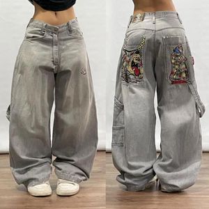 女子ジーンズストリートJNCO韓国ファッション女性レトロパターン刺繍Y2Kヒップホップハイウエストゴシックワイドレッグパンツ