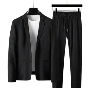 Fatos masculinos com cordão calças blazers conjuntos de treino primavera outono ternos plissados ​​fino casual roupas formais preto branco único botão