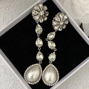 Brincos pendurados jóias de luxo cristal pérola flor longa orelha clipe feminino alta qualidade famosa marca designer presente festa tendência