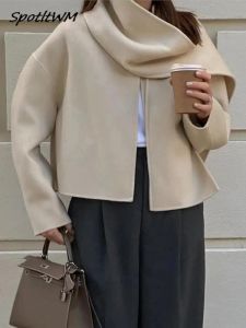 Kvinnorjackor Autumn Scarf Short Beige Coat Women Croped Patchwork Långärmad Loose Female Cardigan Elegant Double Sided Chic Streetwear 231101