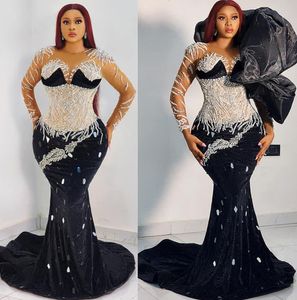 2024 Aso Ebi Sereia Vestido de Baile Preto Frisado Cristais Veludo Sexy Noite Formal Festa Segunda Recepção Aniversário Vestidos de Noivado Vestidos Robe De Soiree ZJ99