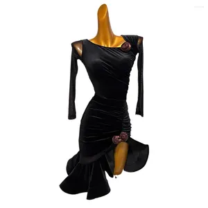 Stage Wear Latin Dance Competition Women's Clothing Children's Suede Long Sleeved Mesh Samba Cha Performance Black Pool Dress