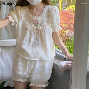 Women's Sleepwear Embroidery Pajama Sets Women Puff Sleeve Kawaii Lace Home Japanese Style Summer Students Thin Casual Ins Princess Fashion