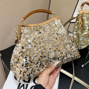 2023 Elegant Women Glitter Sequin Shell Clip Evening Clutch Purple Gold Bling Messenger Bags Luxury Designer Wedding Handbags 240118