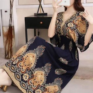 Party Dresses Casual Elegant Retro Bohemian Style V-neck Elastic Waist Large Swing Printed Long Skirt Autumn Summer Dress For Woman Clothes