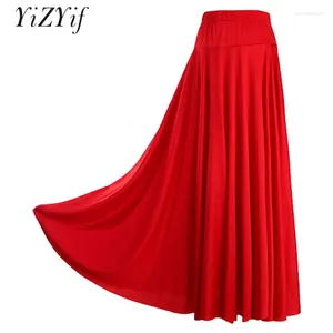 Stage Wear Womens Espanhol Flamenco Swing Saia Sólida Dança de Salão Cintura Alta Cintura Elástica Ruffle Desempenho Traje