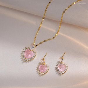Комплект ожерелья и серег, роскошный розовый цветок, большое сердце, подвески-гвоздики, цепочки из нержавеющей стали, ожерелья для женщин, циркон, свадебный CZ