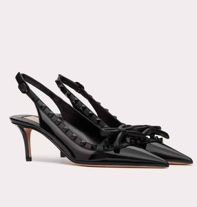 Sommer Luxus Marke Nieten Schleife Slingback Sandalen Schuhe Nude Schwarz Lackleder Spitz Pumps Dame High Heels Tägliches Gehen EU35-43