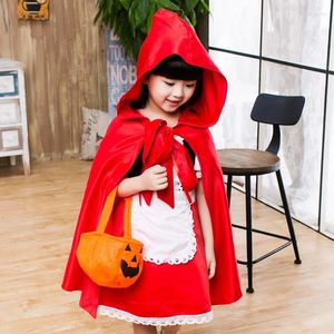 Girl Dresses Halloween Children Performances Girls Little Red Riding Hood Costume Princess Dress Apron Cloak Pumpkin Bag Hairpin Cosplay