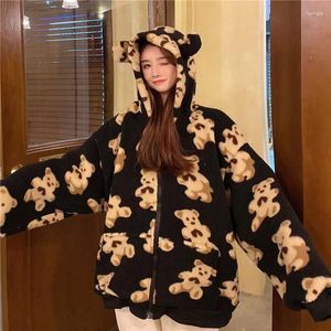 Women's Hoodies 2024 Winter Women Oversized Zip-up Teddy Coat Harajuku Casual Loose Kawaii Bear Ears Hooded Sweatshirt Cartoon Outwear