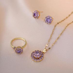 Halskette Ohrringe Set Braut Rotierenden Lila Zirkon Runde Stud Ring Anhänger Gold Farbe Ketten Halsketten Für Frauen Engagement