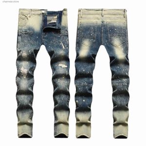 Mäns jeans Mens Högkvalitativa Vintage Målning nödställda stretch jeans byxor rippade smal cyklist denim bomullsbyxor designer jeans för män t240205