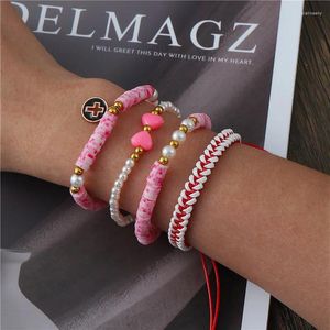 Charm Bracelets 4pcs/lot Bohemian Heart Pearl Pink Stone Woven Bracelet Women Casual Jewelry Accessories Friendship Gift